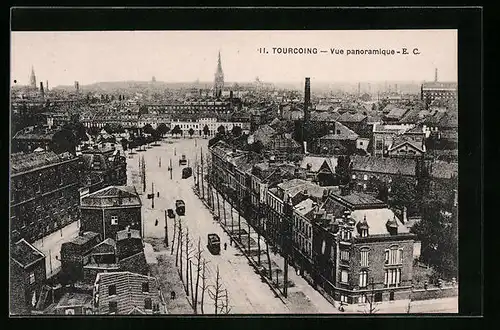 AK Tourcoing, Vue panoramique, Strassenbahn