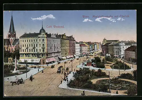 AK Wien, Mariahilferstrasse mit Obelisk, Café Westend, Strassenbahn