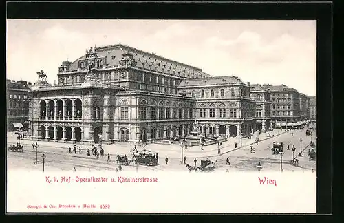 AK Wien, K. k. Hof-Operntheater und Kärntnerstrasse, Strassenbahn