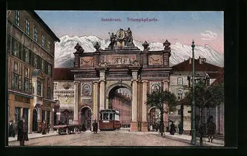 AK Innsbruck, Triumphpforte, Strassenbahn