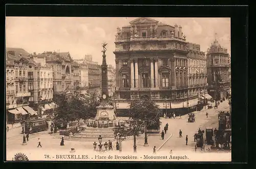 AK Bruxelles, Place de Brocukère, Monument Anspach, Strassenbahn