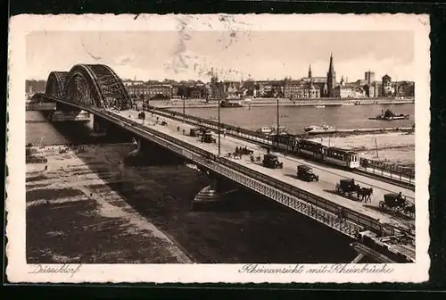 AK Düsseldorf, Rheinansicht mit Rheinbrücke, Strassenbahn