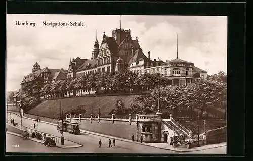 AK Hamburg, Navigations-Schule, Strassenbahn