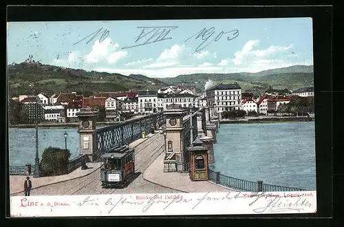 AK Linz a. d. Donau, Brücke und Urfahr, Strassenbahn