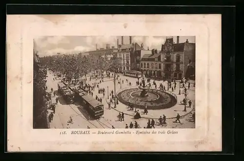 AK Roubaix, Boulevard Gambetta, Fontaine des trois Grâces, Passepartout, Strassenbahn