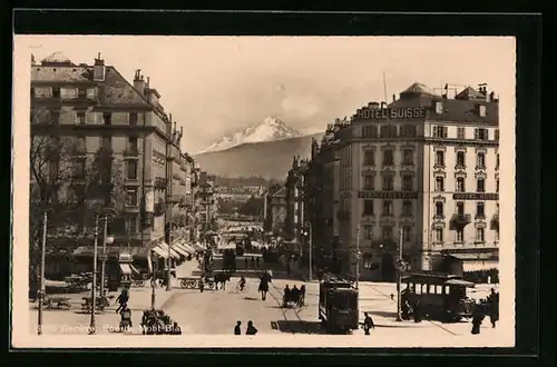 AK Genève, Rue du Mont Blanc, Strassenbahn