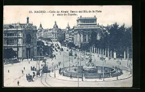 AK Madrid, Calle de Alcalá, Banco del Rio de la Plata y anco de Espana, Strassenbahn