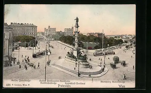 AK Wien, Praterstern, Kaiser Josefstrasse, Nordbahnstrasse, Tegetthoff-Denkmal, Strassenbahn