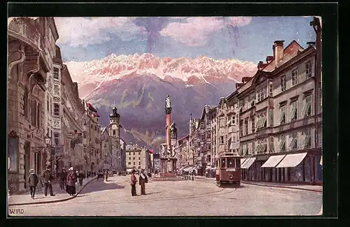 Künstler-AK Innsbruck, Maria Theresienstrasse, Strassenbahn