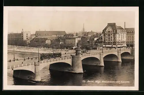 AK Basel, Mittl. Rheinbrücke mit Kaserne, Strassenbahn