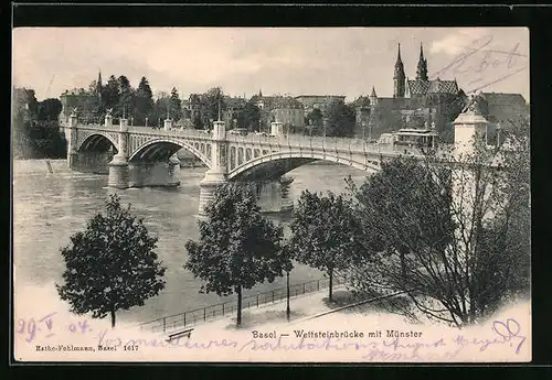 AK Basel, Wettsteinbrücke mit Münster, Strassenbahn