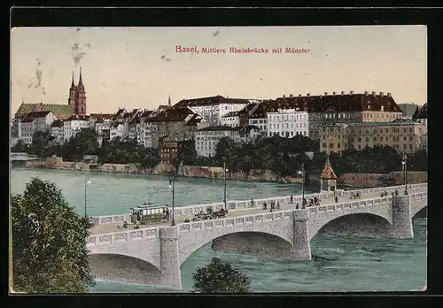 AK Basel, Mittlere Rheinbrücke mit Münster, Strassenbahn