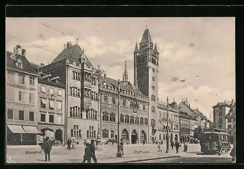 AK Basel, Rathaus, Strassenbahn