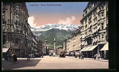 AK Innsbruck, Strassenbahn an der Maria Theresienstrasse