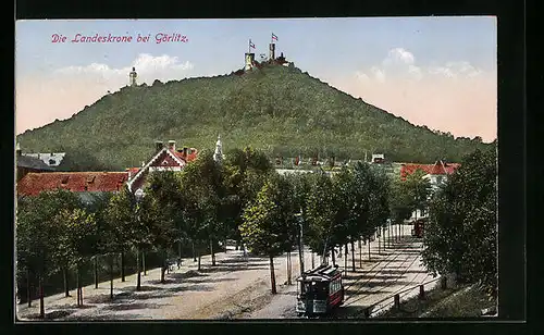 AK Görlitz, Strassenbahn fährt durch Allee