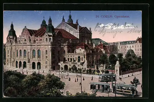 AK Coeln, Strassenbahnen fahren am Opernhaus entlang