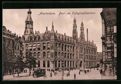 AK Amsterdam, Post- en Telegraafkantoor, Strassenbahn