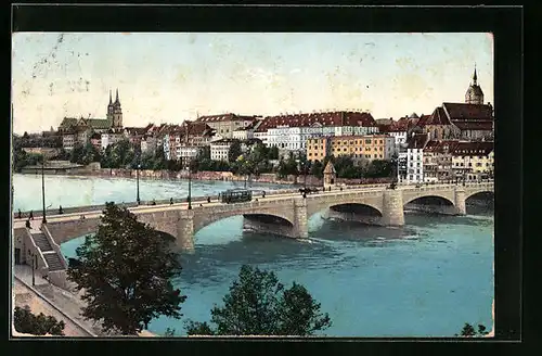 AK Basel, Strassenbahn fährt über Brücke