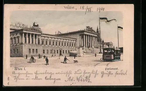 AK Wien, Strassenbahn fährt am Parlamentsgebäude vorbei