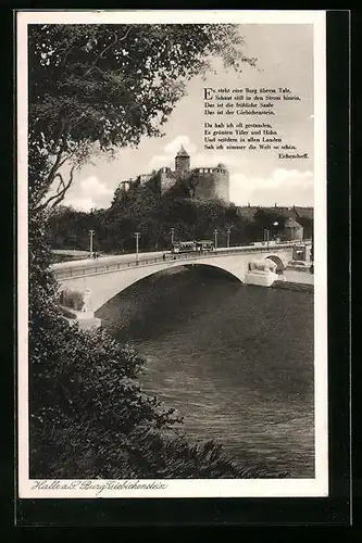 AK Halle /Saale, Strassenbahn fährt über Brücke