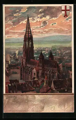 Lithographie Freiburg, Münster aus der Vogelschau