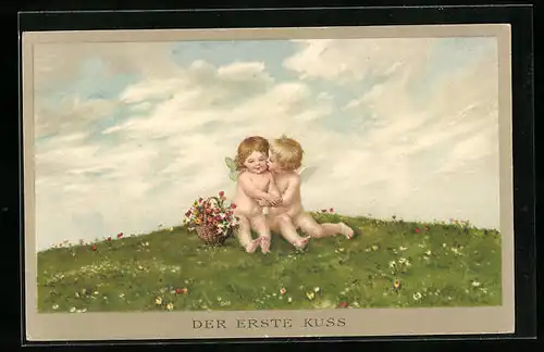 Künstler-AK Der erste Kuss, Engel auf Blumenwiese