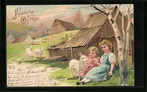 Präge-Lithographie Kinder mit Lamm an Ostern