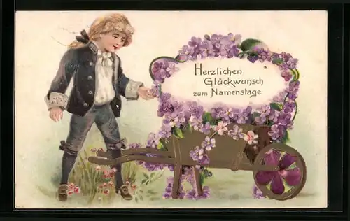 Präge-AK Knabe mit Schubkarre, Namenstag