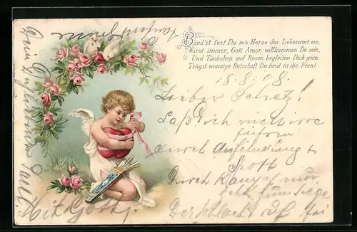 Lithographie Amor schnürrt Herzen zusammen