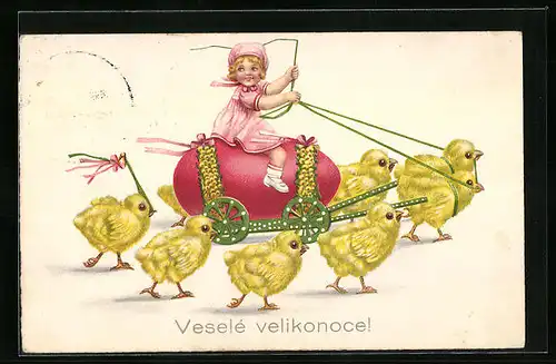 AK Osterküken am Eier-Gespann