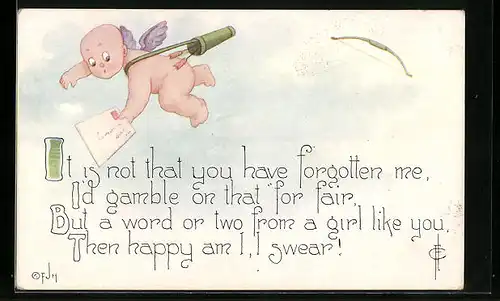 AK Amor im Fluge mit Liebesbrief