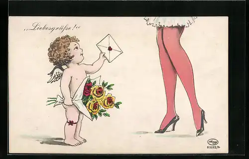 AK Amor mit Liebesbrief und schöne Damenbeine