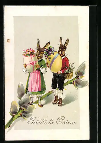 AK Osterhasen-Paar mit grossen Eiern