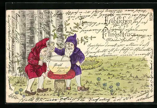 Präge-AK Zwerg mit Punsch im Birkenwald