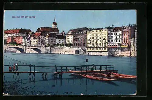 AK Basel, Rheinpartie mit Blick zur Brücke