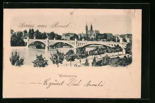 AK Basel, Wettsteinbrücke mit Münster
