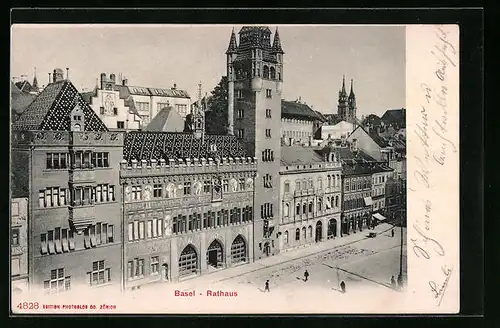 AK Basel, Strassenpartie am Rathaus