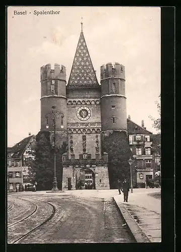AK Basel, Strassenbahngleise vor dem Spalenthor