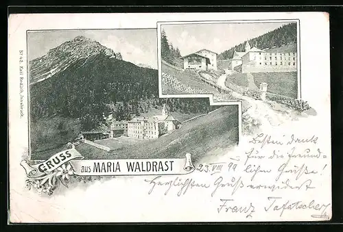 AK Maria Waldrast, Wallfahrtskloster aus der Vogelschau