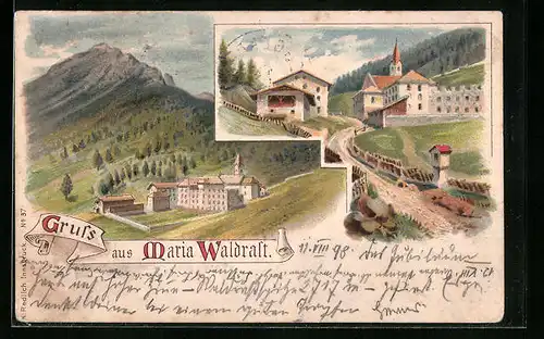 Lithographie Maria Waldrast, Wallfahrtsort aus der Ferne