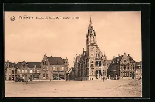 AK Poperinghe, Oostzijde der Groote Markt (Stadhuis en Post)