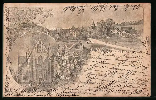 Vorläufer-Lithographie Salem, 1895, Ansicht vom Münster, Blick auf den Ort