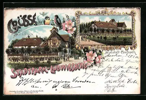 Lithographie Malstadt-Burbach, Restaurant Stadtpark Ludwigsberg, Stempel Private Stadtpost Courier