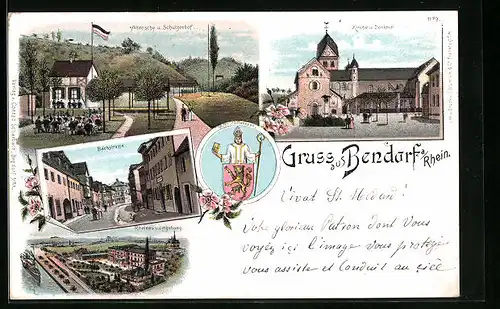 Lithographie Bendorf / Rhein, Abrosche u. Schützenhof, Kirche und Denkmal, Altes Stadtwappen