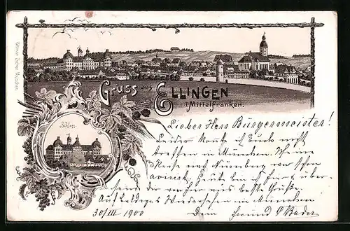 Lithographie Ellingen i. Mittelfranken, Teilansicht, Schloss