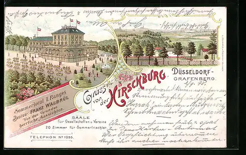 Lithographie Düsseldorf-Grafenberg, Gasthaus Hirschburg, Ortspartie