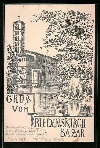 Lithographie Potsdam, Anlasskarte zum Friedenskirch Bazar, Uferpartie mit Kirche