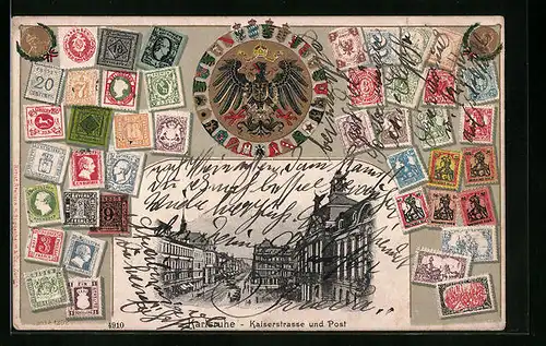 Präge-AK Karlsruhe, Kaiserstrasse und Post, Briefmarken, Adler mit Wappen, Passepartout
