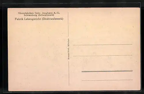 Künstler-AK Schramberg /Schwarzwald, Uhrenfabriken Gebr. Junghans AG, Fabrik Lehengericht, Drahtwalzwerk