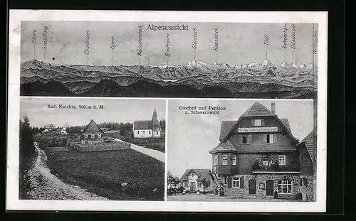 AK Bad Kniebis, Gasthof und Pension zum Schwarzwald, Ortspartie mit Kirche, Bergpanorama mit Tödi, Speer und Säntis